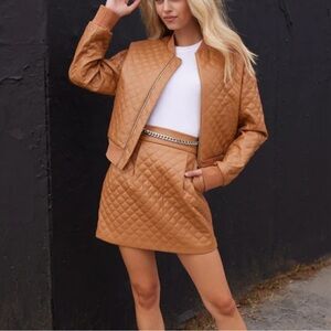 Amanda Uprichard Frankie Quilted Faux Leather Bomber JACKET XS in Camel